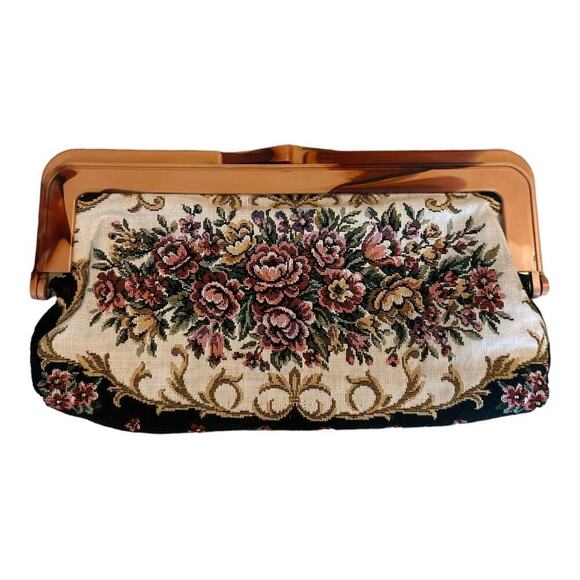 Vintage Floral Petit Point Plastic Snap Closure Clutch - Picture 2 of 9